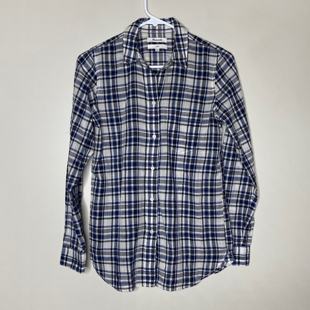 Madewell Slim Plaid Blue And White Button Up Long Sleeve Blouse XS